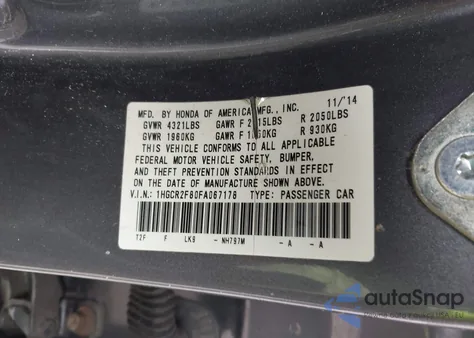 2015 Honda Accord Ex-L из США, поврежденный, VIN 1HGCR2F80FA067178